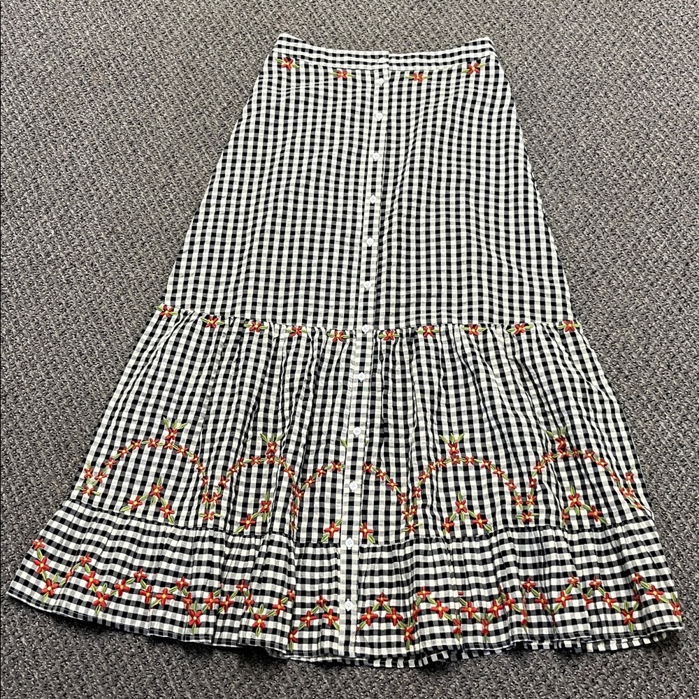 NATURAL LIFE Skirt Gingham Tiered Maxi Skirt Black White Embroidered Size M - Picture 7 of 13